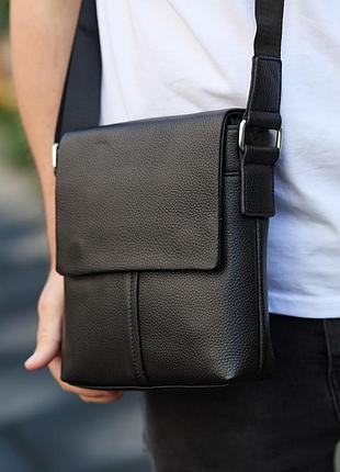 Кожаная мужская сумка-месенджер через плечо черная tiding bag 48450