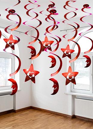Декор спиральки луна и звезды (уп. 6шт) красный