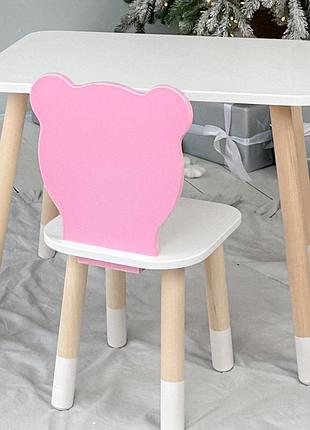 Прямоугольный стол и стул розовый детский ведмежонок с белым сиденьем. столик белый детский