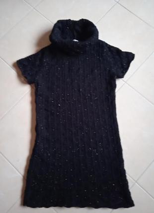 Платье трикотажное черное, вязаное с коротким рукавом, воротником "хомут"