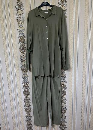 Стильний легкий літній брючний костюм трійка, оливковий костюм, брюки майка сорочка батал