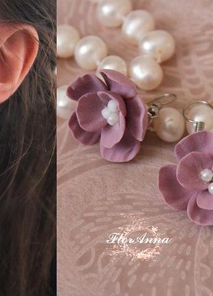 Рожеві сережки квіти з полімерної глини "рожеві перли"