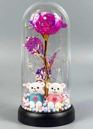 Ночник вечная роза с мишками в стеклянной колбе с подсветкой (18см) at-03mg (aaa) розовый