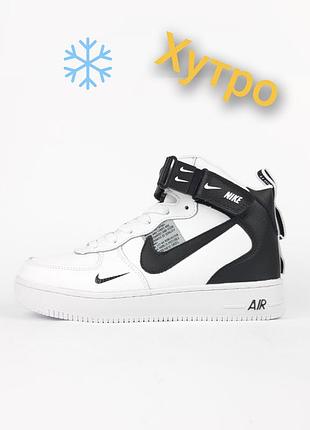 Кроссовки женские nike air force высокие белые с черным, кожаные с мехом, зимние утепленные на меху, демисезонные, кожа мех, размер 36-41, новые, 4046