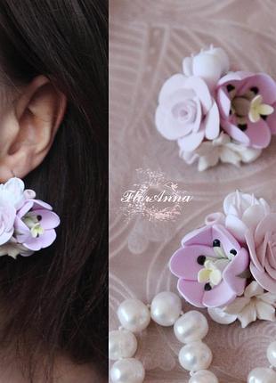 Розовые серьги ручной работы "тюльпаны с розами"