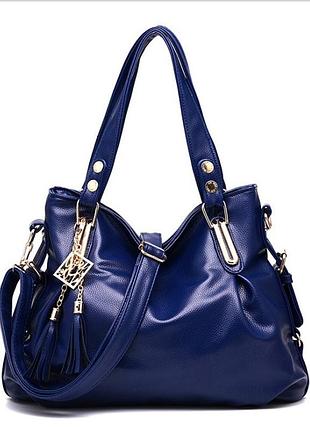 Женская модная сумка - шоппер, качественная эко-кожа, синяя, в комплекте регулируемый ремень и брелок