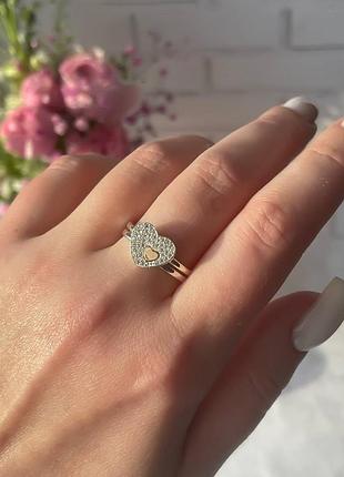 Серебряное двойное кольцо с золотом и фианитами