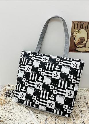 Сумка женская тканевая с шахматным принтом, одно большое отделение сумка - шоппер пляжная сумка