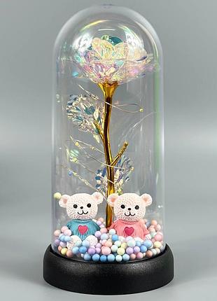 Ночник вечная роза с мишками в стеклянной колбе с подсветкой (18см) at-03mg (aaa) золотой