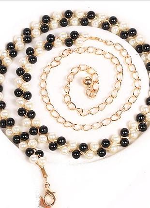 Ремень цепочка женский металлический с замком из бисера черный с белым , пояс женский 110х0.5 см( 4192 )