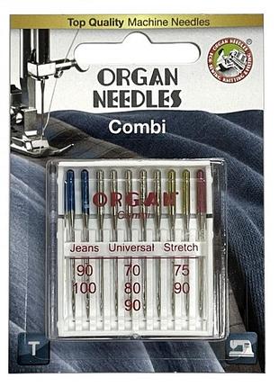 Иглы швейные organ combi box (universal 5шт, jeans 2шт, super stretch 3шт) для быт шв машин блистер (7024)