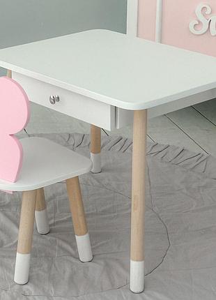 Детский белый столик с ящиком и стульчик бабочка розовый 34961