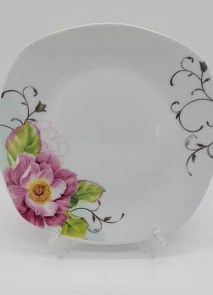 Тарелка мелкая квадратная керамическая белая цветная с рисунком закусочная для вторых блюд роза чайная d 22 cm
