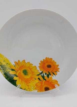 Тарілка дрібна десертна керамічна біла кольорова з малюнком закусочна три соняшники d 20 cm variomarket