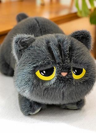 Детская мягкая игрушка котик 45см на животе с большими глазами игрушка плюшевая кот на животку для детей серый