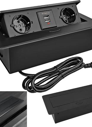 Скрытая двойная розетка встроенная в столешницу выдвижная + 2 входа usb 2.1 - черная loft