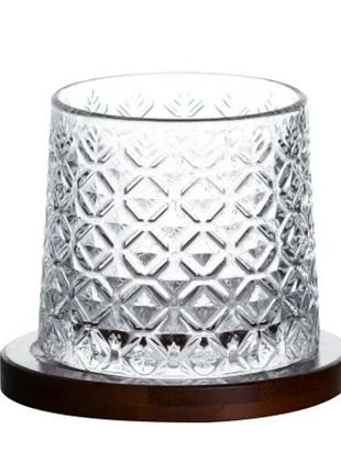 Склянка-дзига для віскі 300 мл з бамбуковою підставкою, ice flower