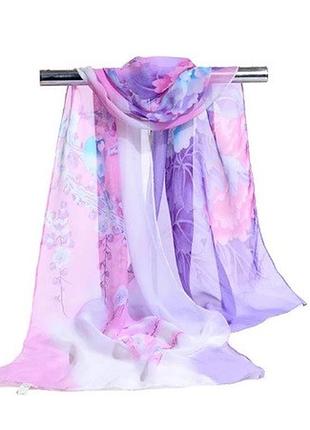 Женский шифоновый шарф сиреневый с птичками - размер шарфа приблизительно 145*48см, 100% вискоза