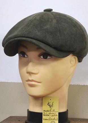 Кепка чоловіча восьмиклинка хуліганка вельветовая олива 2 оливковий тепла comfort heads осінь зима фліс вуха