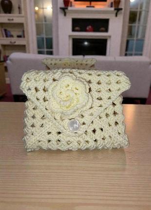 Нежный вязаный клатч-конверт "кремовая роза" для девочки (ручная работа)