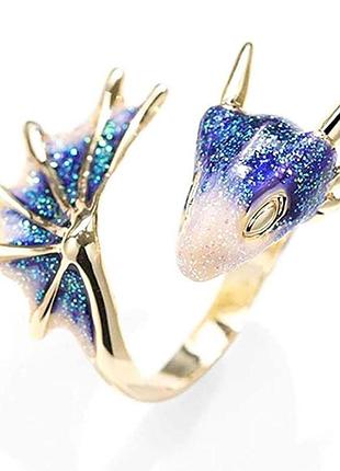 Золотиста каблучка у вигляді дракона з синьою акріловою емалью, розмір регульований