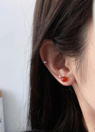 Сережки-гвоздики срібні кулька з червоного або чорного агату на вибір, срібло 925 проби червоний агат