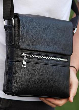 Кожаная мужская сумка-месенджер через плечо черная tiding bag 56230