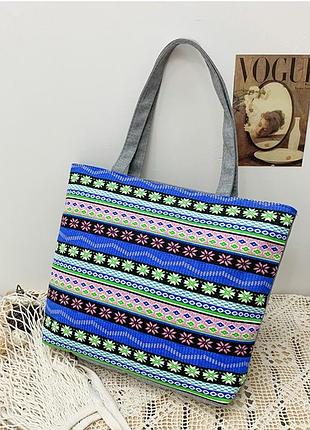 Сумка женская тканевая в этно-стиле, синяя, одно большое отделение сумка - шоппер пляжная сумка