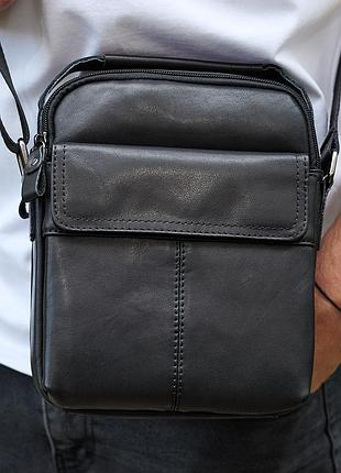 Сумка-барсетка мужская через плечо кожаная гладкая черная tiding bag td-86573