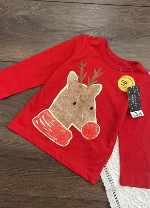 Червона різдвяна котонова кофта лон слів футболка довгий рукав 80 86 см 12-18 міс з оленем різдвяна нова з біркою