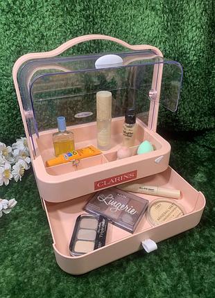 Настольный органайзер для косметики с выдвижным ящиком и ручкой — прозрачный розовый н1505 функциональный и с