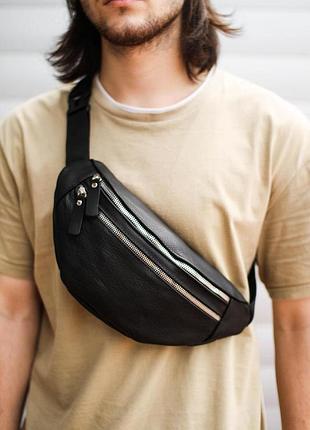 Бананка с натуральної шкіри sl002 (чорна) чоловіча сумка на пояс