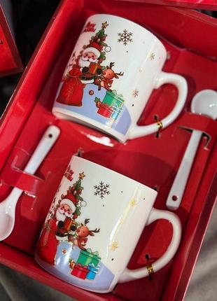 Набір чашок новорічних home sd4b керамічні з ложками в подарунковій коробці 2шт 200 мл