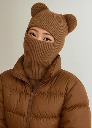 Шапка балаклава вязаная с ушками медвежонок теплая зимняя балаклава маска шлем коричневая шоколадная one size (n98233)
