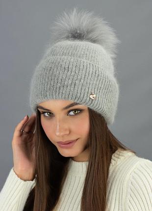 Женская вязаная шапка с отворотом и бубоном "пилар"(5515) серый