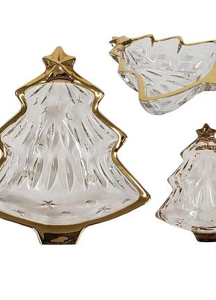 Цукерниця скляна у формі ялинки облямівкою 15×13 см. н1500 вишукана скляна цукерниця у вигляді ялинки з витонченою золотистою обл