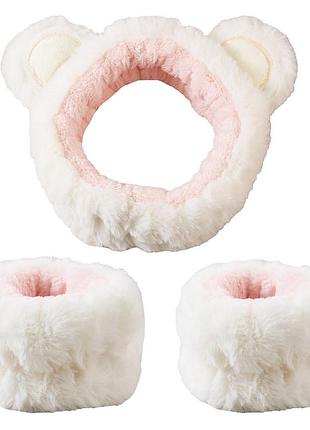 Набор для умывания повязка и нарукавники плюшевые, повязка напульсники для умывания плюшевые белые