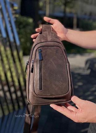 Мужской слинг из кожи крейзи хорс в коричневом цвете 6349