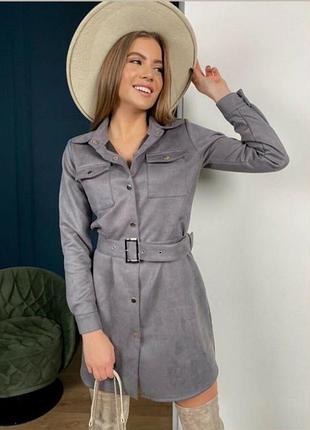 Замшевая короткое платье рубашка с ремешком с поясом на кнопках размер xs-s