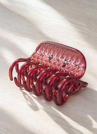 Заколка краб для волос прямоугольный среднего размера с двойными зубьями 4х7 см со стразами темно- розовый