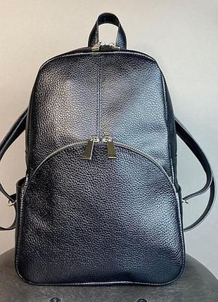 Молодежный яркий рюкзак из натуральной кожи с карманами на молнии черный