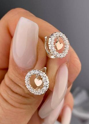 Серьги серебряные сердца с золотом и фианитами