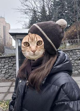 Шерстяная коричневая теплая женская шапка бини с отворотом унисекс next 80% шерсть