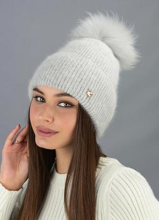 Женская вязаная шапка с отворотом и бубоном "пилар"(5515) светло-серый