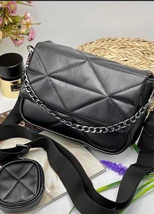 Женская сумочка-клатч черная, кросс-боди, качественная эко-кожа, с ручкой-цепью и плечевым ремнем