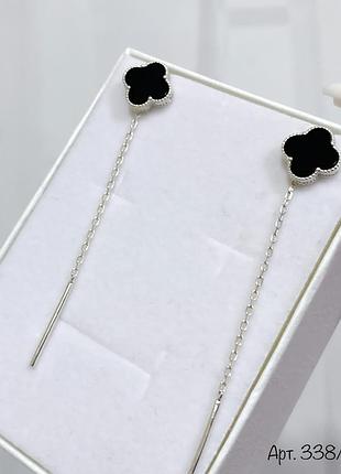 Срібні сережки протяжки клевер з оніксом