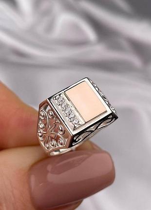 Кольцо мужское серебряное печатка с золотом и фианитами