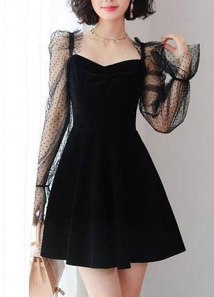 Черное бархатное мини платье с пышными рукавами в горох!