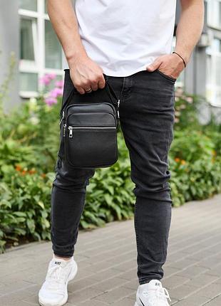 Чоловіча шкіряна барсетка 21х17х7, сумка для міста, компактний месенджер для щоденного використання, чорна