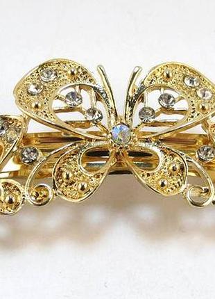 Заколка-автомат, бабочка, золото, страз